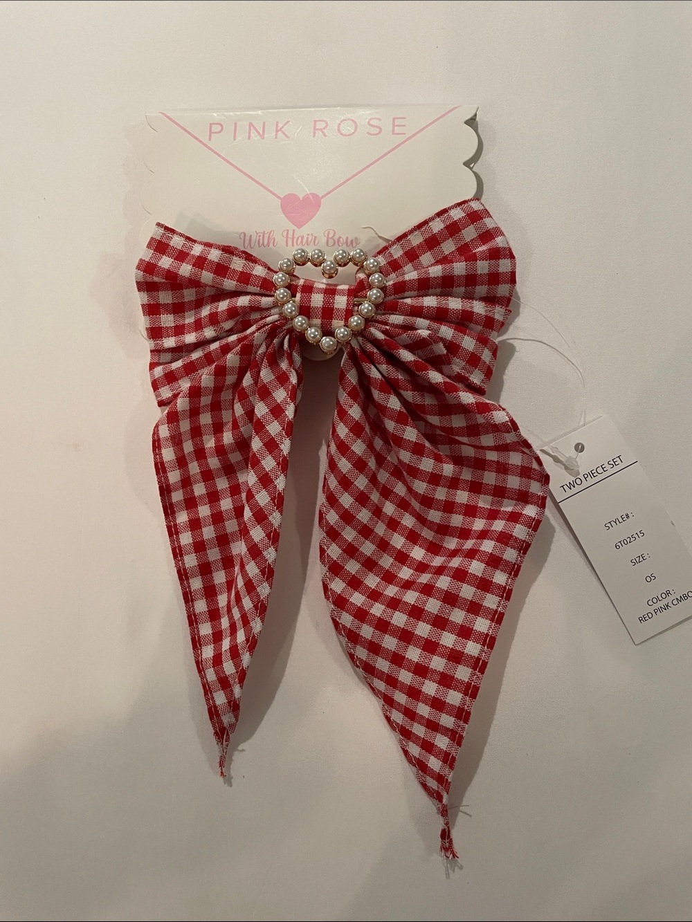 NWT Pink Rose Red and White Gingham Bow with Pearl Heart Accent